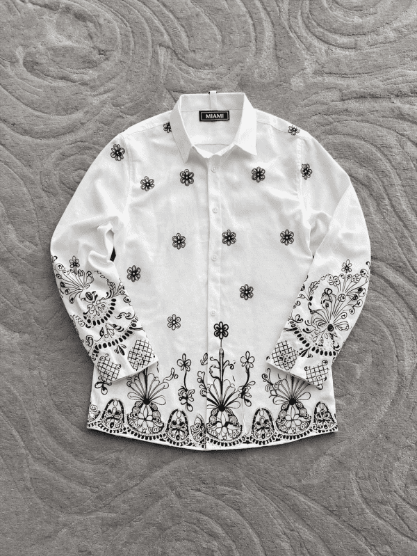 Flower Embroidery Full Shirt White